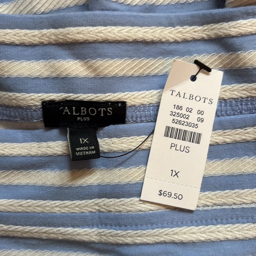 NWT Talbots Plus Blue and White Striped Top with Square Neckline and 3/4 Sleeves - Picture 4 of 7